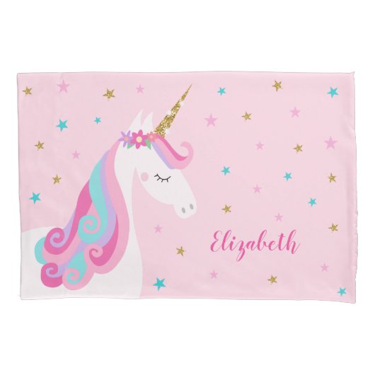 Rainbow Unicorn Magical Glitter Pink Kussensloop (Voorkant)
