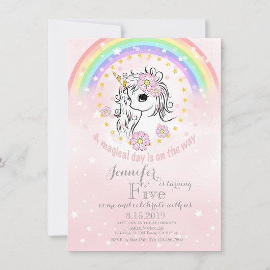 Rainbow Unicorn Magical Gold Pink Birthday Kaart (Voorkant)