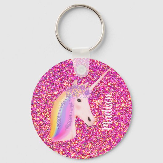 Rainbow Unicorn Magical Pink Glitter Personated Sleutelhanger (Voorkant)