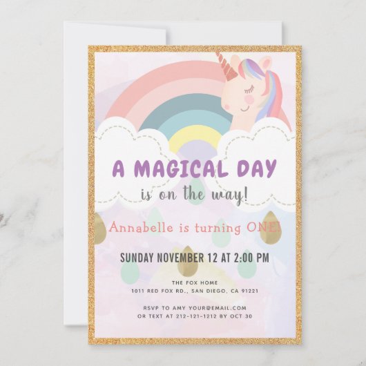 Rainbow & Unicorn Magisch Goud Verjaardag Kaart (Voorkant)