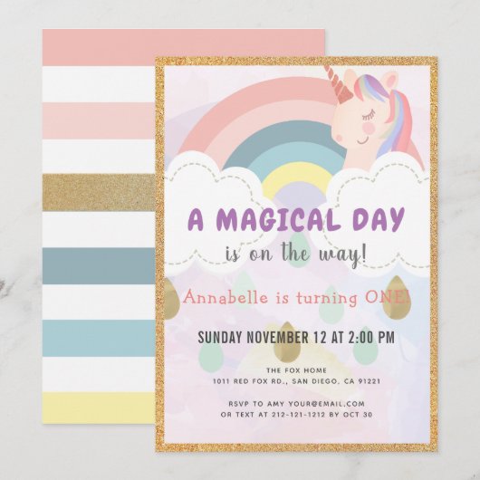 Rainbow & Unicorn Magisch Goud Verjaardag Kaart (Voorkant / Achterkant)