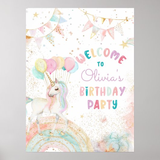 Rainbow Unicorn Meisje Verjaardag Welkom Poster (Voorkant)