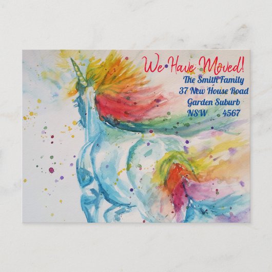 Rainbow Unicorn Nieuw Adres Briefkaart dat we verp (Voorkant)