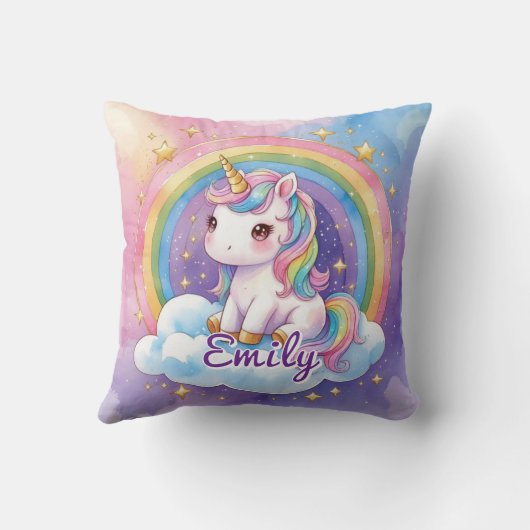 Rainbow Unicorn op Cloud Bewerkbare Naam Kussen (Achterkant)