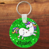 Rainbow Unicorn op Green Glitter Sleutelhanger (Voorkant)