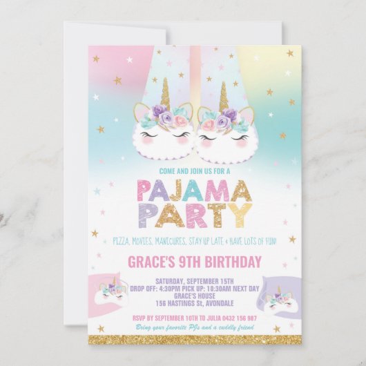 Rainbow Unicorn Pajama Birthday Party Pajama Kaart (Voorkant)