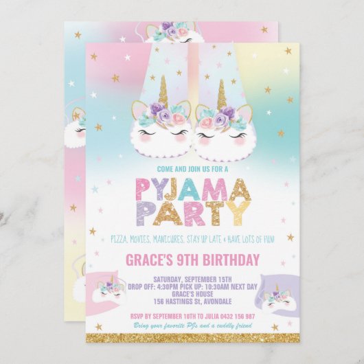 Rainbow Unicorn Pajama Birthday Party Pajama Kaart (Voorkant / Achterkant)