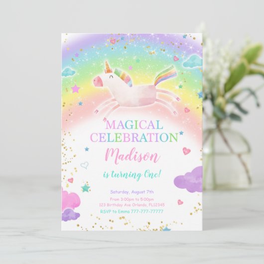 Rainbow Unicorn Party uitnodiging (Staand voorkant)