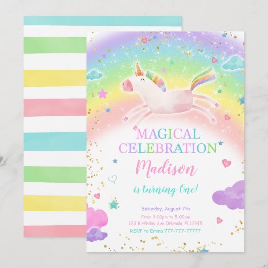 Rainbow Unicorn Party uitnodiging (Voorkant / Achterkant)