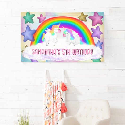 Rainbow Unicorn Pastel Roze Verjaardag Banner (Insitu)