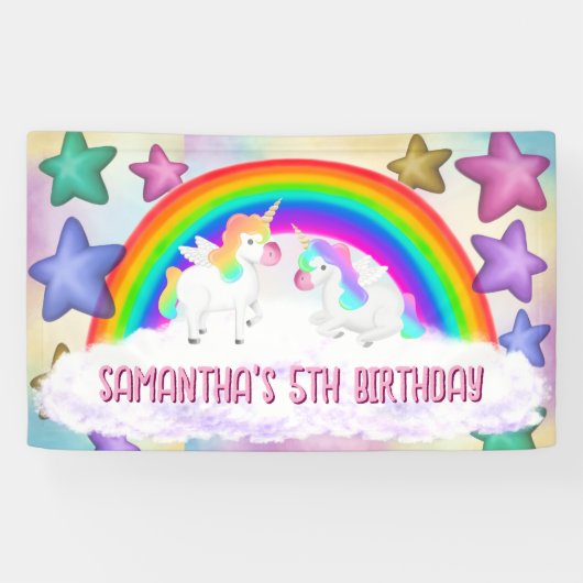 Rainbow Unicorn Pastel Roze Verjaardag Banner (Horizontaal)