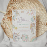 Rainbow Unicorn Pastel Verjaardag uitnodiging<br><div class="desc">Prachtige eenhoorn thema verjaardagsfeestuitnodiging met regenbogen en faux gouden accenten.</div>