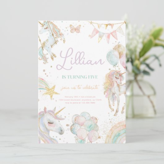 Rainbow Unicorn Pastel Verjaardag uitnodiging (Staand voorkant)