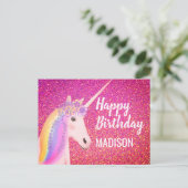 Rainbow Unicorn Pink Faux Glitter Verjaardag Briefkaart (Staand voorkant)