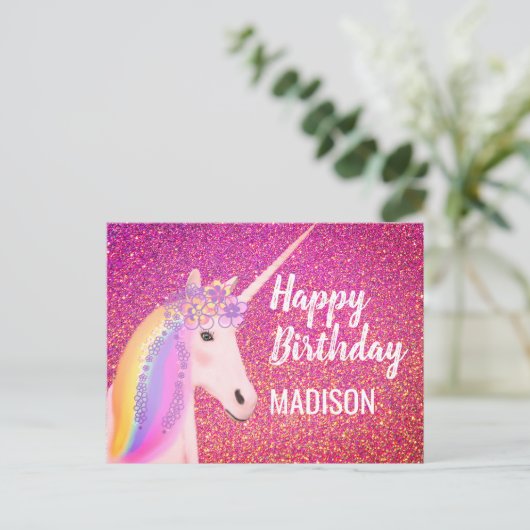 Rainbow Unicorn Pink Faux Glitter Verjaardag Briefkaart (Staand voorkant)