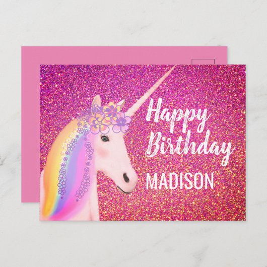 Rainbow Unicorn Pink Faux Glitter Verjaardag Briefkaart (Voorkant / Achterkant)