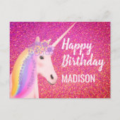 Rainbow Unicorn Pink Faux Glitter Verjaardag Briefkaart (Voorkant)