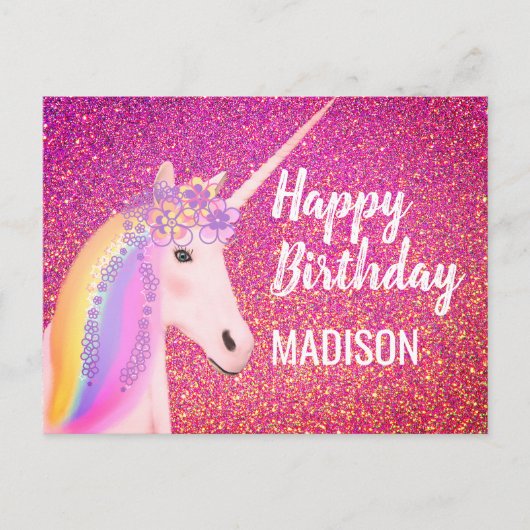 Rainbow Unicorn Pink Faux Glitter Verjaardag Briefkaart (Voorkant)
