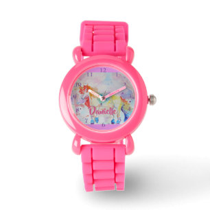 Rainbow Unicorn Pink Glitter Girls Name Watch Horloge