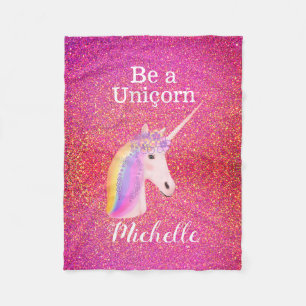 Rainbow Unicorn Pink Glitter Sparkles Personated Fleece Deken