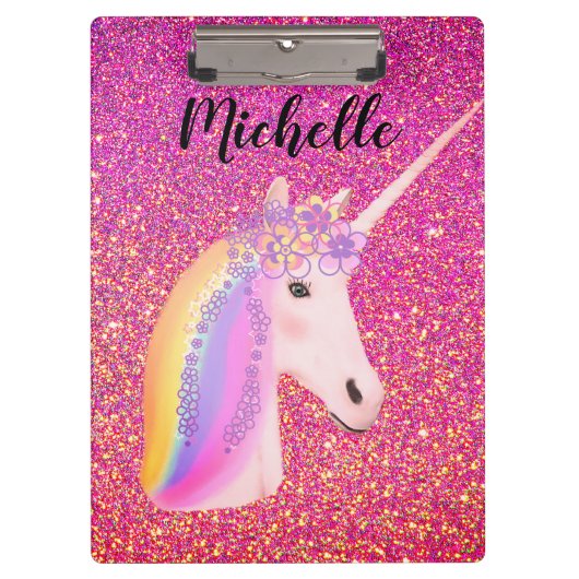 Rainbow Unicorn Pink Glitter Sparkles Personated Klembord (Voorkant)