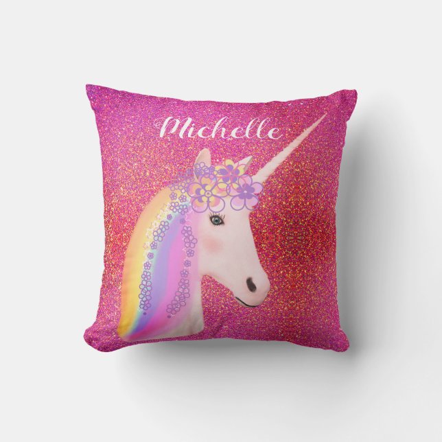 Rainbow Unicorn Pink Glitter Sparkles Personated Kussen (Voorkant)