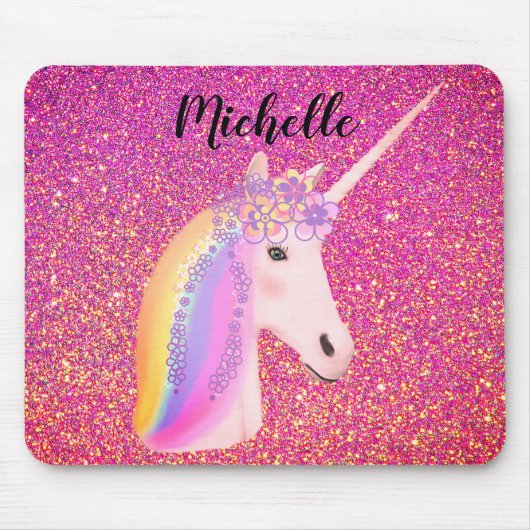 Rainbow Unicorn Pink Glitter Sparkles Personated Muismat (Voorkant)