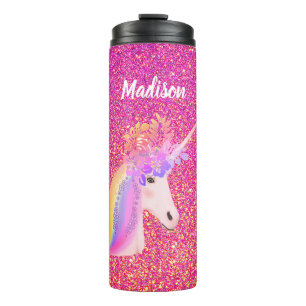 Rainbow Unicorn Pink Gold Glitter Floral Name Thermosbeker