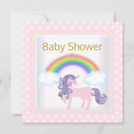 RAINBOW UNICORN PINK WHITE BABY SHOWER INVITATION KAART