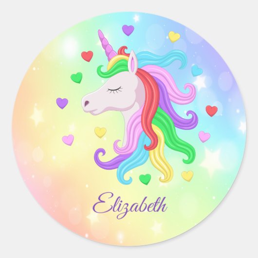Rainbow Unicorn Pony Hearts Sparkles Girly Ronde Sticker (Voorkant)
