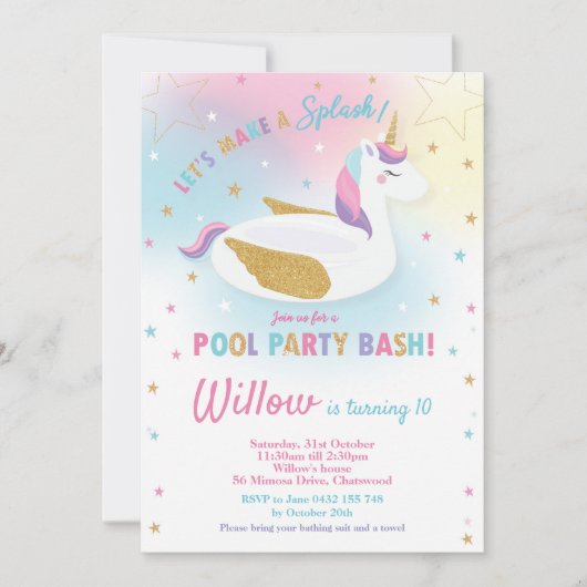 Rainbow Unicorn Pool Party Birthday Invitation Kaart (Voorkant)
