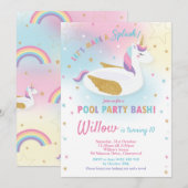 Rainbow Unicorn Pool Party Birthday Invitation Kaart (Voorkant / Achterkant)
