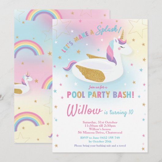 Rainbow Unicorn Pool Party Birthday Invitation Kaart (Voorkant / Achterkant)