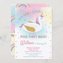 Rainbow Unicorn Pool Party Birthday Invitation
