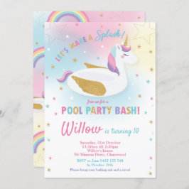 Rainbow Unicorn Pool Party Birthday Invitation Kaart