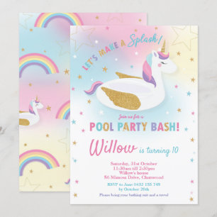 Rainbow Unicorn Pool Party Birthday Invitation Kaart