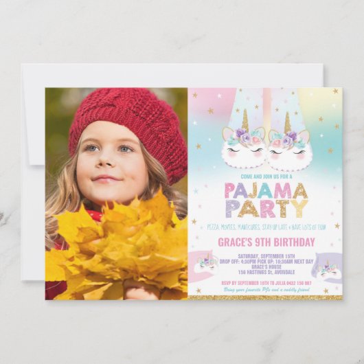 Rainbow Unicorn pyjama verjaardagsfeestje foto Kaart (Voorkant)