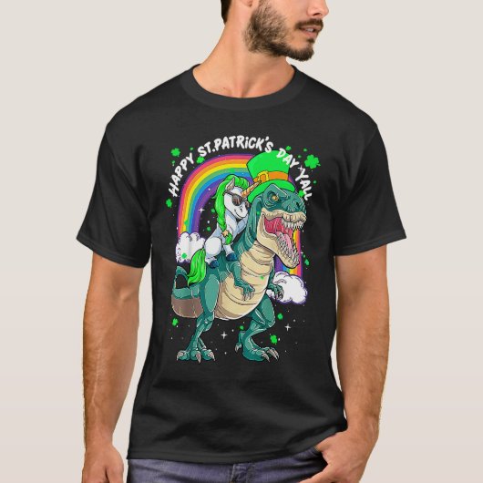 Rainbow Unicorn Riding rex Dinosaur happy St patri T-shirt (Voorkant)