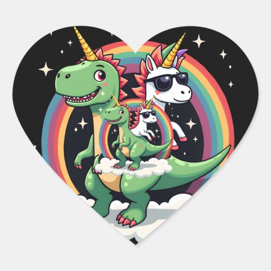 Rainbow Unicorn Riding T rex - Dinosaur Boys Girls Hart Sticker (Voorkant)