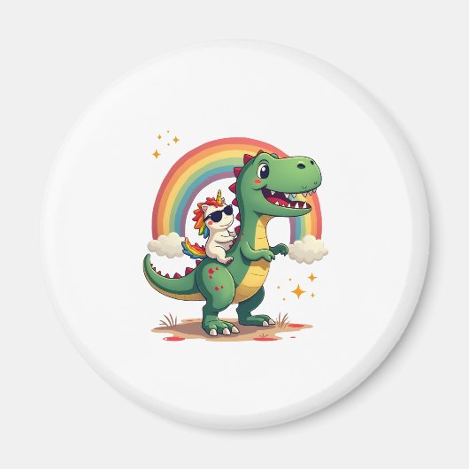 Rainbow Unicorn Riding T rex - Dinosaur Boys Girls Magneet (Voorkant)