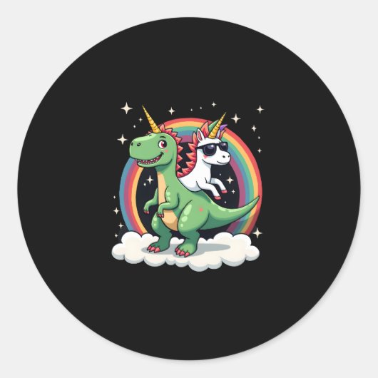Rainbow Unicorn Riding T rex - Dinosaur Boys Girls Ronde Sticker (Voorkant)