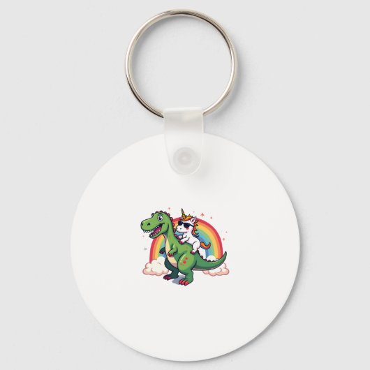Rainbow Unicorn Riding T rex - Dinosaur Boys Girls Sleutelhanger (Voorkant)