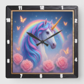 Rainbow Unicorn Roos Butterfly Vierkante Klok (Voorkant)