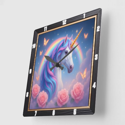 Rainbow Unicorn Roos Butterfly Vierkante Klok (Hoek)