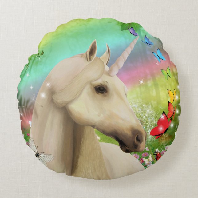 Rainbow Unicorn Round Cushion Rond Kussen (Voorkant)