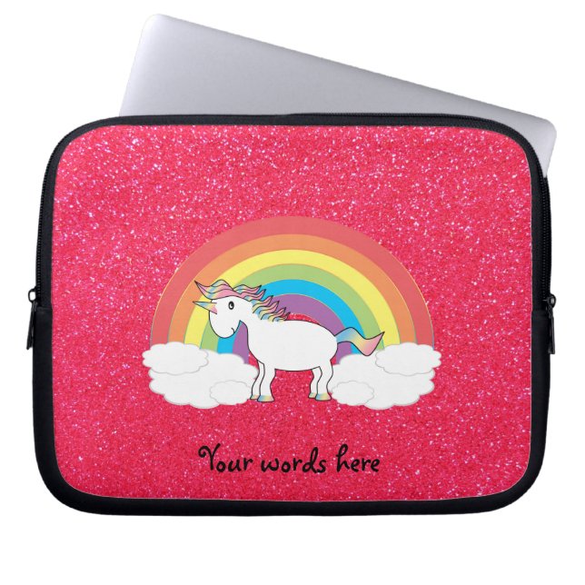 Rainbow unicorn roze glitter laptop sleeve (Voorkant)