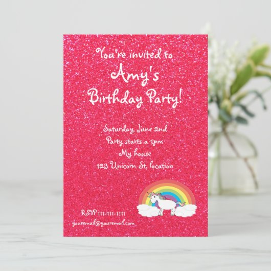 Rainbow unicorn roze glitter-uitnodiging kaart (Staand voorkant)