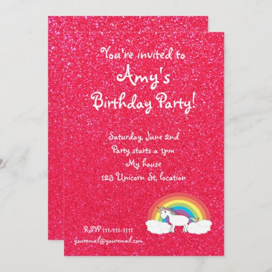 Rainbow unicorn roze glitter-uitnodiging kaart (Voorkant / Achterkant)