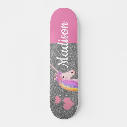 Rainbow Unicorn roze Silver Glitter, gepersonalise Persoonlijk Skateboard (Voorkant)