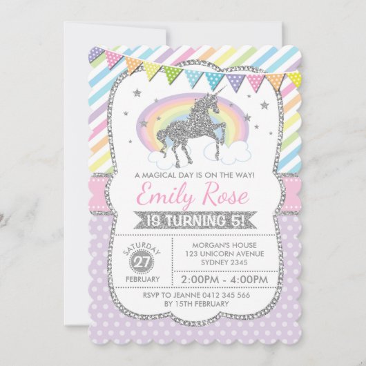 Rainbow Unicorn Silver Pink Birthday Party nodigt  Kaart (Voorkant)